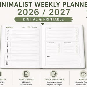 Könnte beinhalten: Ein digitaler und druckbarer Wochenplaner für 2026 und 2027 mit einem offenen Layout, das Bereiche für Zeitpläne, wichtige Aufgaben und Notizen enthält. Der Text lautet MINIMALIST WEEKLY PLANNER 2026 / 2027 DIGITAL & PRINTABLE mit Blattmotiven.