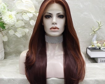 Imstyle Dark Brown Wig Highlight Ginger T Part Lace Wig Synthetic Lace Front Wig Natural Hairline Heat Resistant Fiber Daily Wig for Women