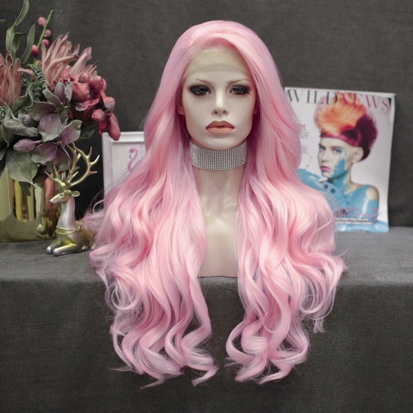 Imstyle Pink Lace Front Wigs Long Wavy Synthetic Wig for Women Natural Hairline Mera Cosplay Party Halloween Heat Resistant Hair 26inch