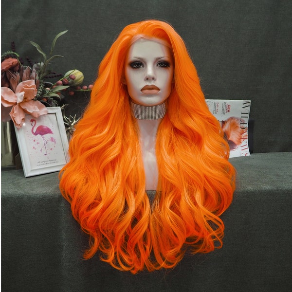 Imstyle Orange Lace Front Wigs Long Wavy Synthetic Wig for Women Natural Hairline Mera Cosplay Party Halloween Heat Resistant Hair 26inch