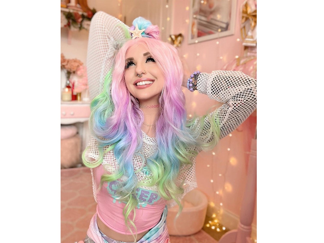 Imstyle 26 inches Rainbow Lace Front Wigs Multi-Colorful Natural Wave Synthetic Wig with Gift Pack for Cosplay Party Wig