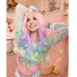 Imstyle 26 inches Rainbow Lace Front Wigs Multi-Colorful Natural Wave Synthetic Wig with Gift Pack for Cosplay Party Wig