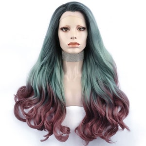 Multicolored Forest Green to Reddish Brown Natural Long Wavy Heat Resistant Wig Lace Front for Party