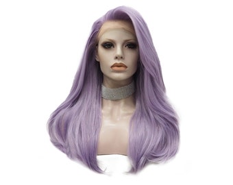 Light Purple Lace Front Wig Natural Long Straight Half Hand Tied Synthetic Wig for Fashion Women