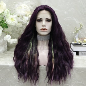 Imstyle Dark Purple Wig Curly Synthetic Lace Wig T Part Wig Heat Resistant Fiber Natural Hairline Cosplay Wig for Women