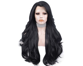 Black Lace Front Wig: Long Wavy Synthetic Hair, Heat Resistant, 26 inch
