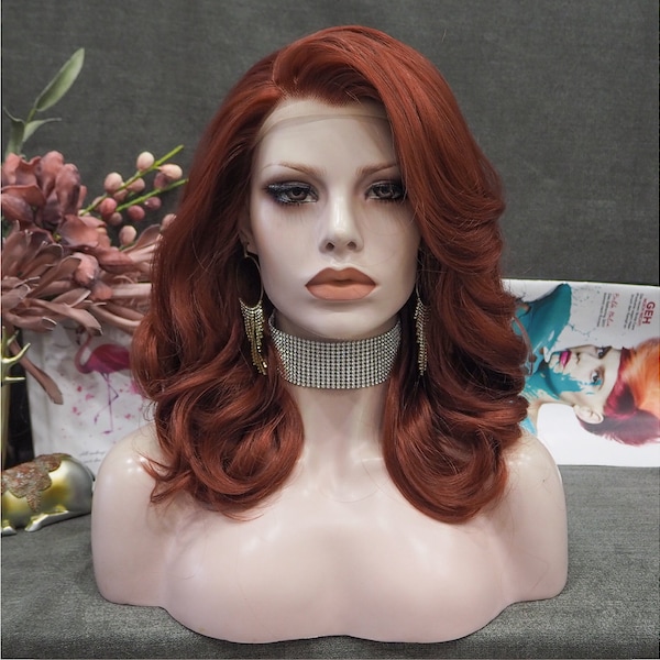 Imstyle Auburn Bob Wavy Lace Front Wigs Black Widow Short Copper Red/Black Synthetic Wigs Heat Resistant Hair for Cosplay