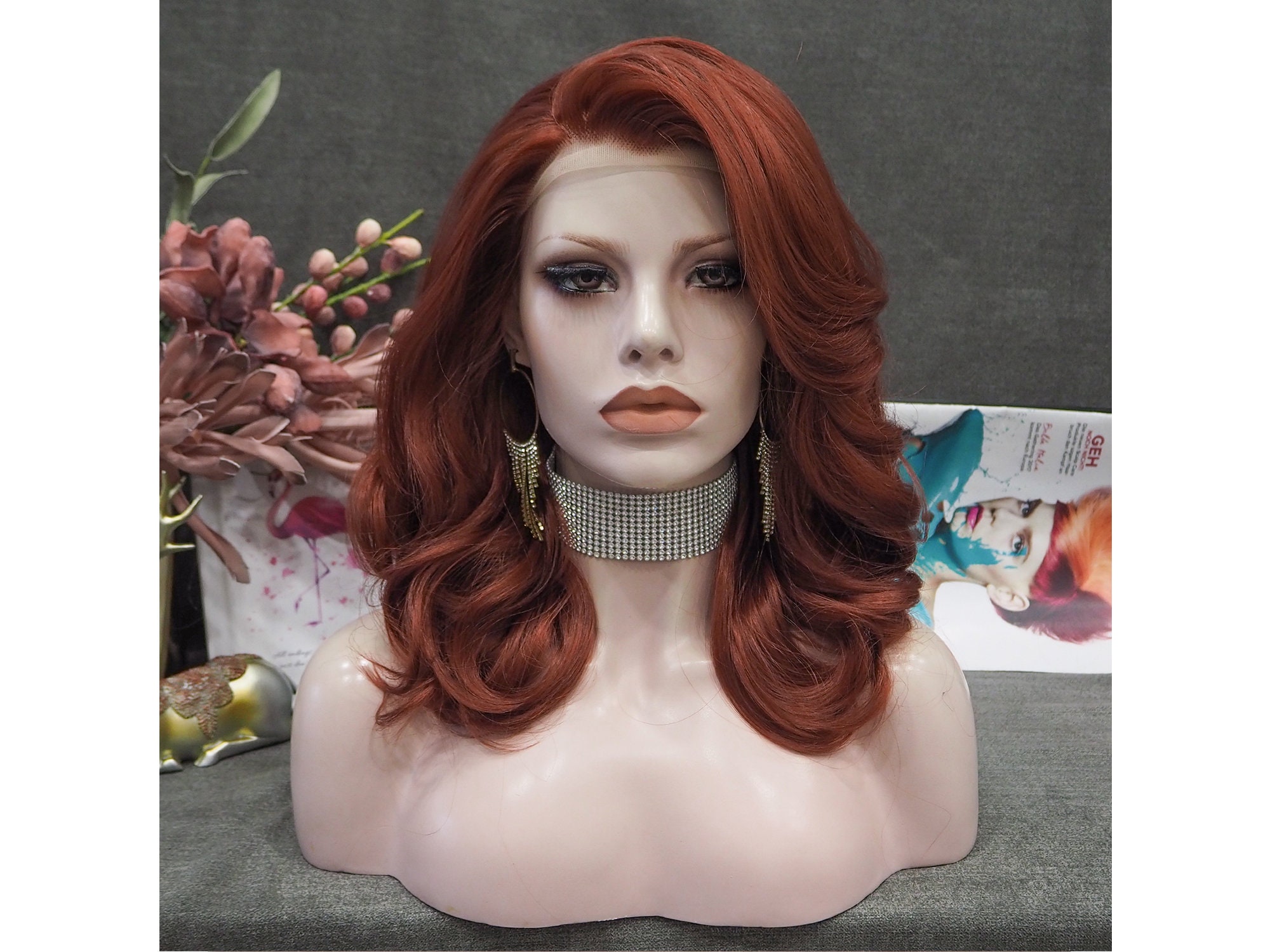 Auburn Bob Lace Front Wig: Copper Red Wavy Synthetic Hair - Etsy display picture 1