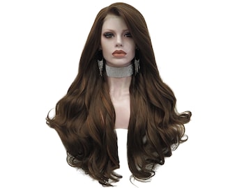 May include: A long, brown, wavy synthetic wig with a lace front. The wig is styled with loose waves and has a natural-looking parting.