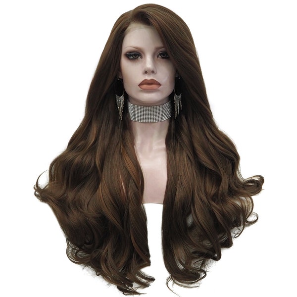 Imstyle Brown Synthetic Lace Front Wigs Long Wavy Natural Hairline Heat Resistant Wig for Women Drag Queen