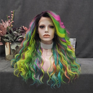 Imstyle Multicolor Lace Front Wigs Rainbow Wigs Loose Curl Dark Root Synthetic Hair Wig Heat Resistant with Natural Hairline 22 Inch