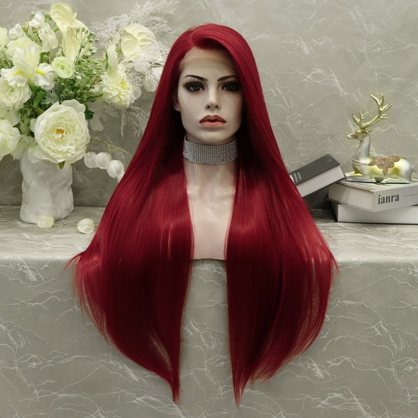 IMSTYLE Red Straight Lace Front Wigs Long Wavy Synthetic Wig for Women Natural Hairline Mera Cosplay Party