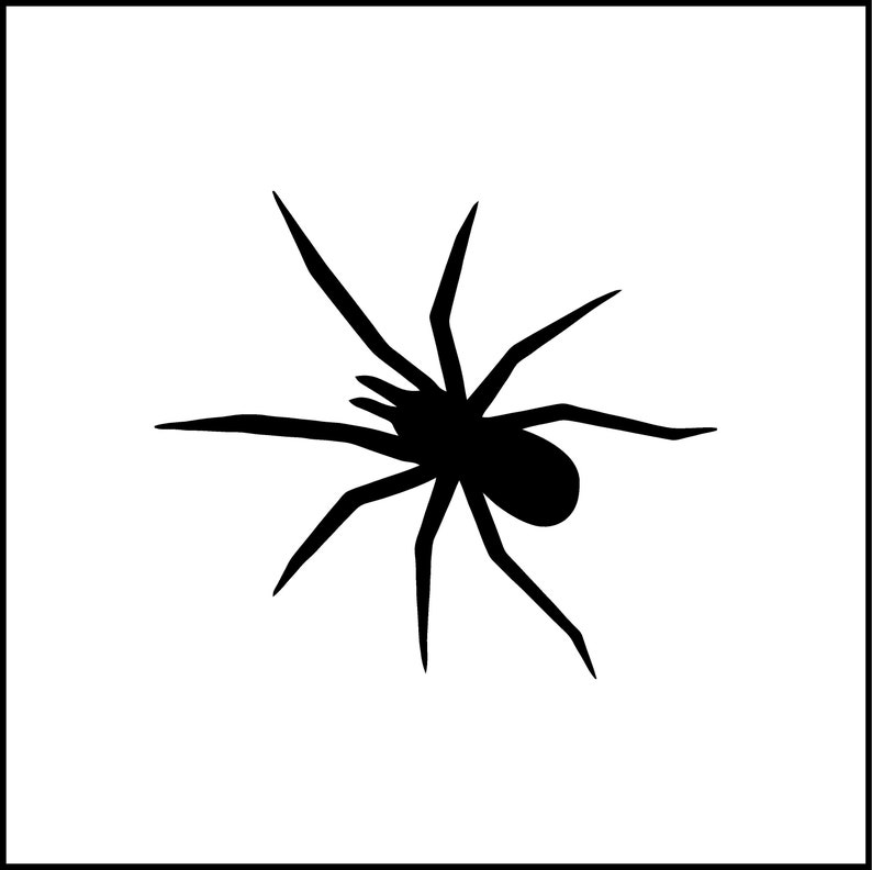 May include: A solid black silhouette of a spider with eight distinct, pointed legs extending from a central body. The spider is depicted in a flat, two-dimensional graphic style, centered against a plain, stark white square background.