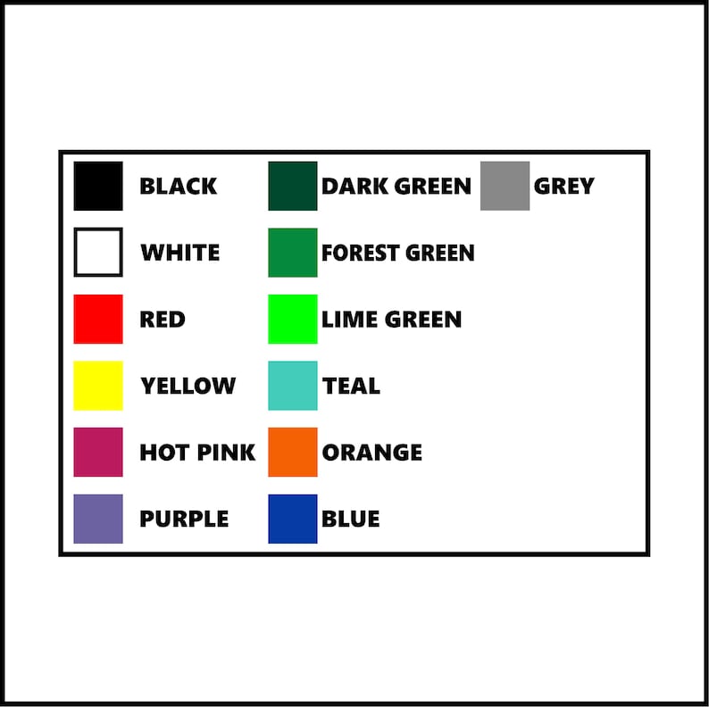May include: A color chart with squares of different colors, including black, white, red, yellow, hot pink, purple, dark green, forest green, lime green, teal, orange, and blue.
