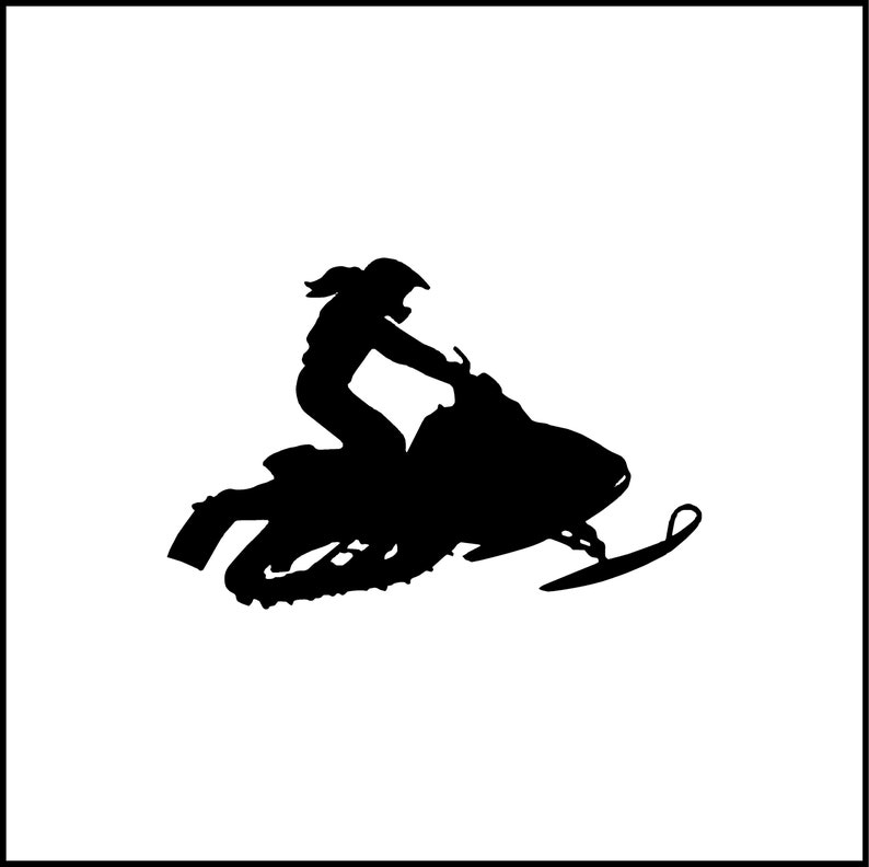 May include: Silhouette of a person riding a snowmobile. The rider is wearing a helmet and is in a seated position, leaning forward. The snowmobile is black and has skis and tracks. The background is white.