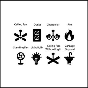 May include: Black and white illustrations of various household items and symbols. Includes a ceiling fan, outlet, chandelier, fire, standing fan, light bulb, ceiling fan without light, and garbage disposal. Text labels each item.