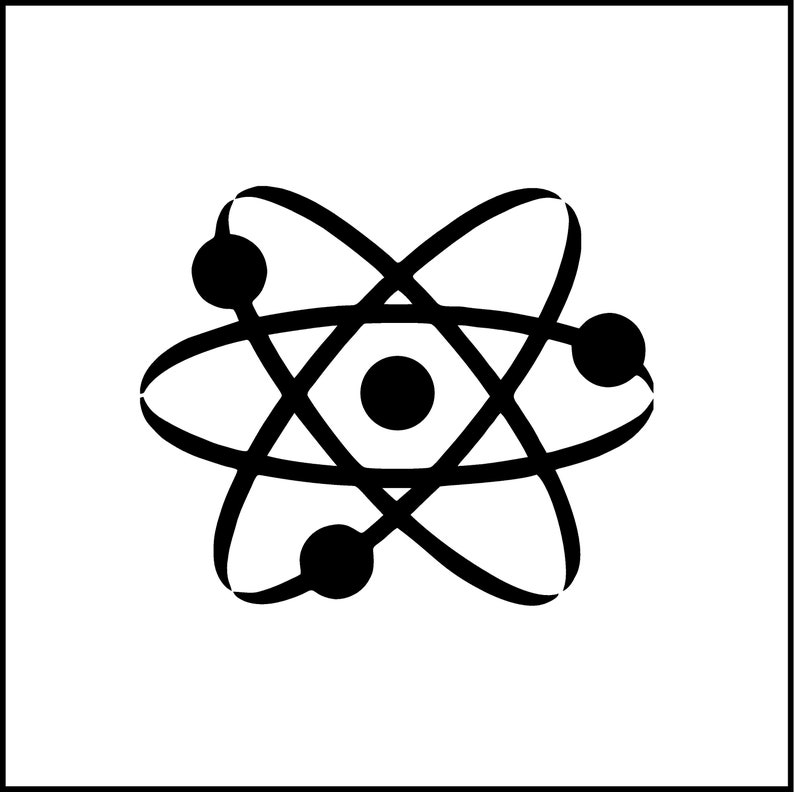 May include: A black and white illustration of an atom with a nucleus and three orbiting electrons.