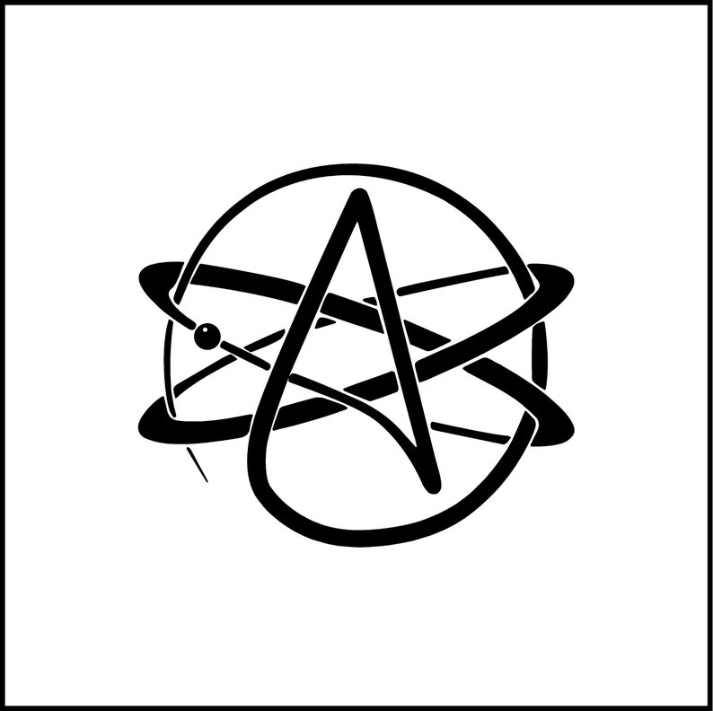 May include: Black and white illustration of an anarchy symbol inside a circle with a stylized atom symbol around it.