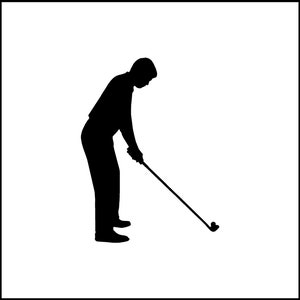 May include: A black silhouette of a person in a golf stance, about to swing a golf club. The figure is bent over, with the club extended towards a golf ball on the ground. The background is plain white.