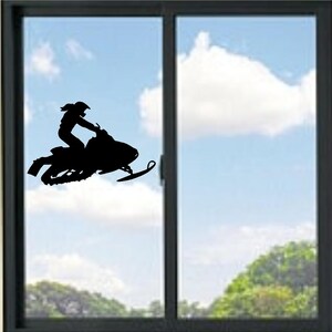 May include: A black silhouette of a person riding a snowmobile, set against a backdrop of a blue sky with clouds and a green landscape. The snowmobile is in mid-air, suggesting movement and speed. The image is framed by a window.
