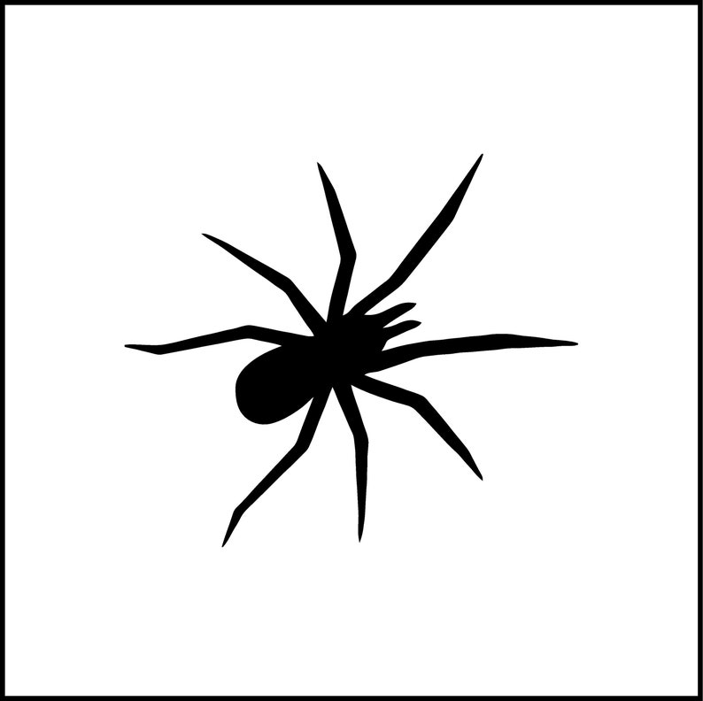 May include: A solid black silhouette of a spider with a rounded abdomen and eight distinct, pointed legs extending outward. The spider is centered against a plain white background, displaying a clear, high-contrast graphic representation.