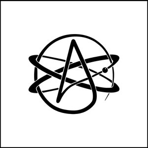 May include: Black and white illustration of an anarchy symbol inside a circle with a stylized atom design.