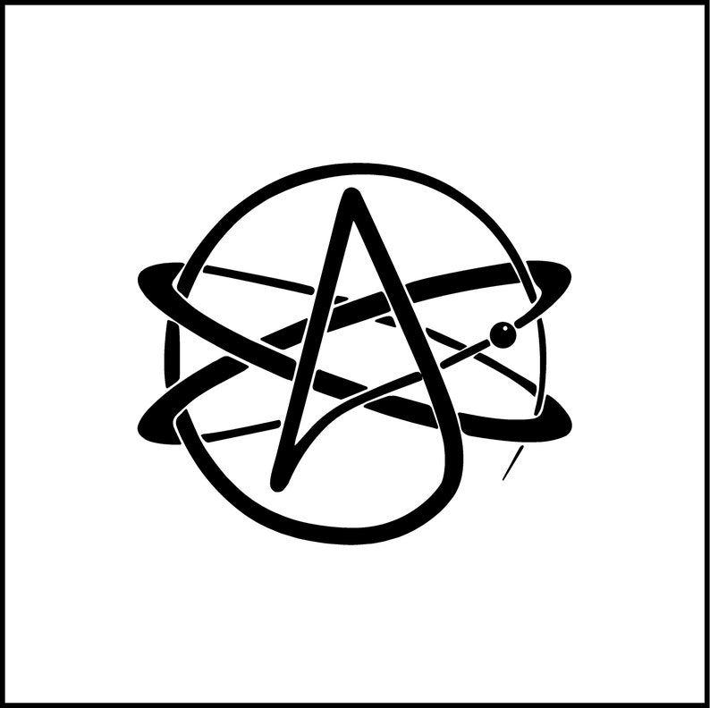 May include: Black and white illustration of an anarchy symbol inside a circle with a stylized atom design.
