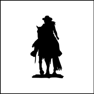 May include: A black silhouette of a person riding a horse, wearing a cowboy hat and a long coat. The image is set against a white background, with a black border.