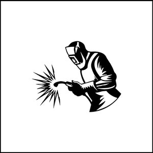 Può includere: Un'illustrazione in bianco e nero di un saldatore con una maschera da saldatura e attrezzatura da saldatura, che tiene una torcia da saldatura e salda.