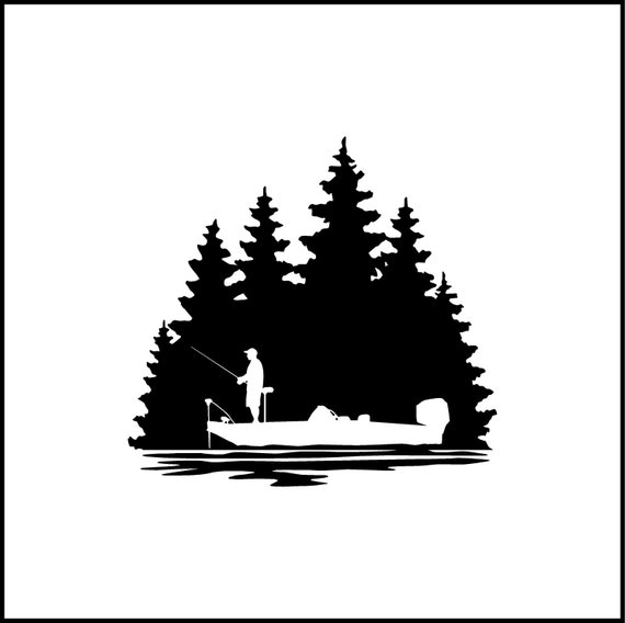 Fishing Boat in Forest Silhouette Vinyl Decal/sticker for Laptop