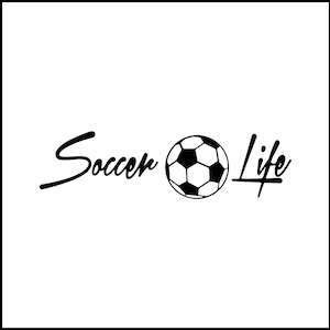 May include: Black and white logo design with the text "Soccer Life" and a soccer ball in the center.