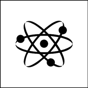 May include: A black and white illustration of an atom with a nucleus and three orbiting electrons.