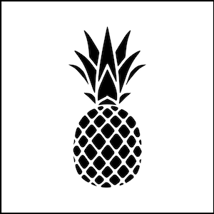 May include: Black and white silhouette of a pineapple with a spiky top and a textured body.