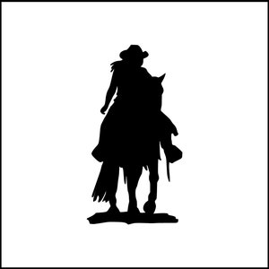 May include: A black silhouette of a person riding a horse, wearing a hat and holding a riding crop. The image is set against a white background, with a black border.