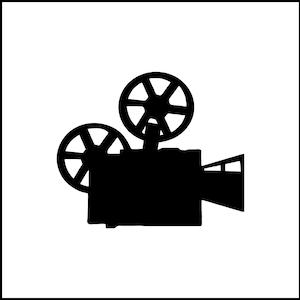 May include: Black and white silhouette of a vintage film projector with two reels.