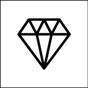 May include: A black diamond icon on a white background. The diamond is depicted with a geometric design, outlined in thick black lines. The image is a simple, bold graphic.