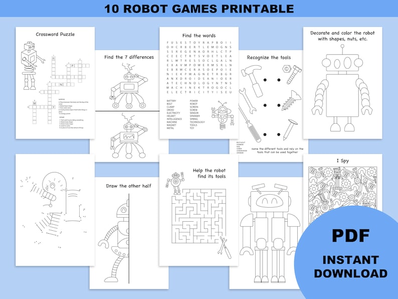 Puede incluir: Un conjunto de 10 juegos imprimibles con tem&aacute;tica de robots para ni&ntilde;os. Los juegos incluyen un crucigrama, encontrar las diferencias, una b&uacute;squeda de palabras, un laberinto, conectar los puntos y m&aacute;s. Los juegos son en blanco y negro y presentan robots con diferentes dise&ntilde;os.