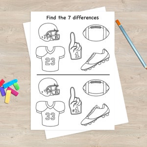 May include: Black and white printable worksheet with the text "Find the 7 differences". The worksheet has two sets of images of a football helmet, jersey, football, foam finger, and a football cleat. The top set of images has the number 23 on the jersey and the bottom set of images has the number 33 on the jersey.