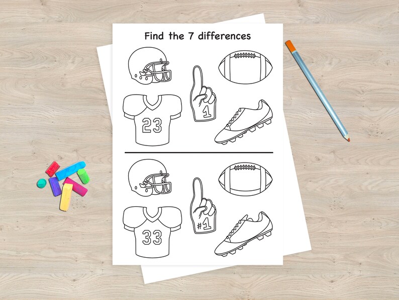 May include: Black and white printable worksheet with the text "Find the 7 differences". The worksheet has two sets of images of a football helmet, jersey, football, foam finger, and a football cleat. The top set of images has the number 23 on the jersey and the bottom set of images has the number 33 on the jersey.