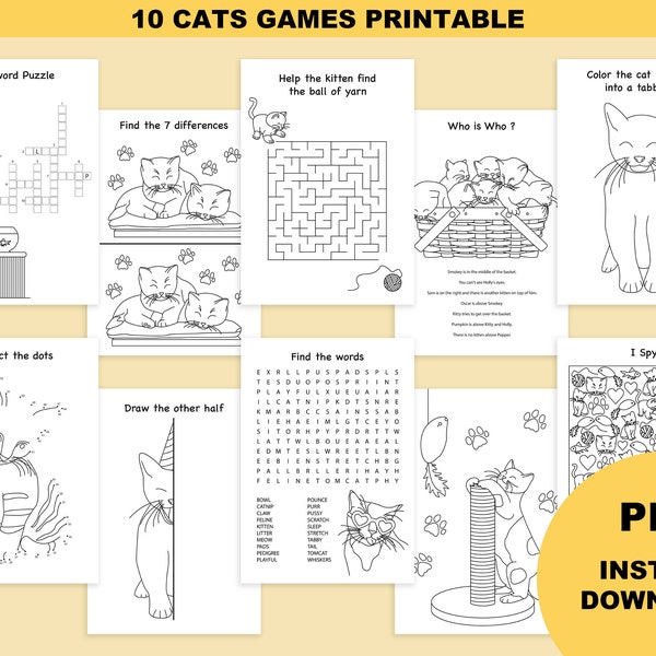 Cat birthday party favors, kids printables, kids activity book, kitten birthday, kitten coloring page, instant download, birthday kitty, PDF