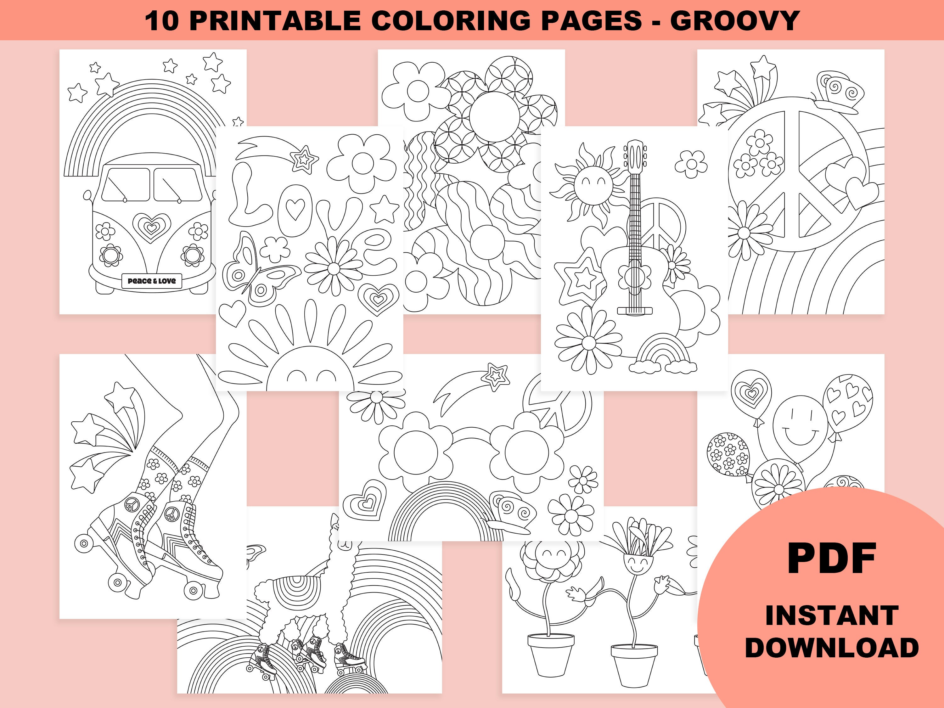 Cahier De Coloriage Groovy, Coloriage Numérique, Coloriage à Imprimer,  Coloriage Hippie, Coloriage Adulte, Anniversaire Theme Hippie Groovy 