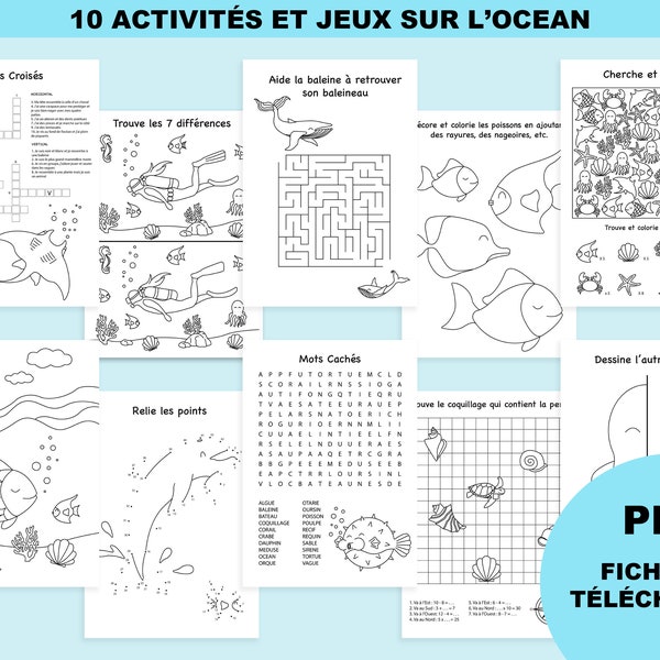 Activités en français anniversaire océan, cahier d'activités, jeux à imprimer, activité enfant à imprimer, baby shower ocean, jeux pour fête