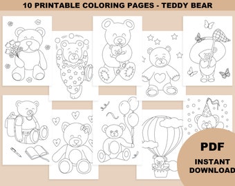 Teddybeer kleurboek pdf, kleurpagina's afdrukbaar, kleurpagina's voor kinderen en peuters, beer verjaardagsfeestje, teddybeer feestartikelen