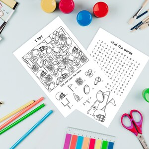 May include: Two printable worksheets for kids featuring a football theme. The first worksheet is a "I Spy" game with a grid of football-related items to find and color. The second worksheet is a word search puzzle with the words "ball", "penalty", "scheme", "touchdown", "helmet", "whistle", "jersey", "field", "yards", "quarter", "game", "play", "score", "kick", "line", "huddle", "defense", "offense", and "goal" hidden in a grid of letters.