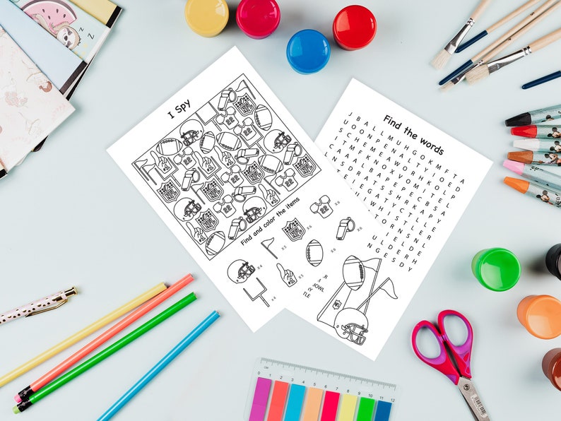 May include: Two printable worksheets for kids featuring a football theme. The first worksheet is a "I Spy" game with a grid of football-related items to find and color. The second worksheet is a word search puzzle with the words "ball", "penalty", "scheme", "touchdown", "helmet", "whistle", "jersey", "field", "yards", "quarter", "game", "play", "score", "kick", "line", "huddle", "defense", "offense", and "goal" hidden in a grid of letters.
