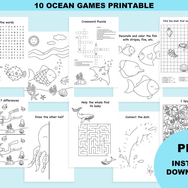 Ocean birthday activities for kids, under the sea birthday printable, ocean activity book, sea animals birthday, activity book for kids, pdf