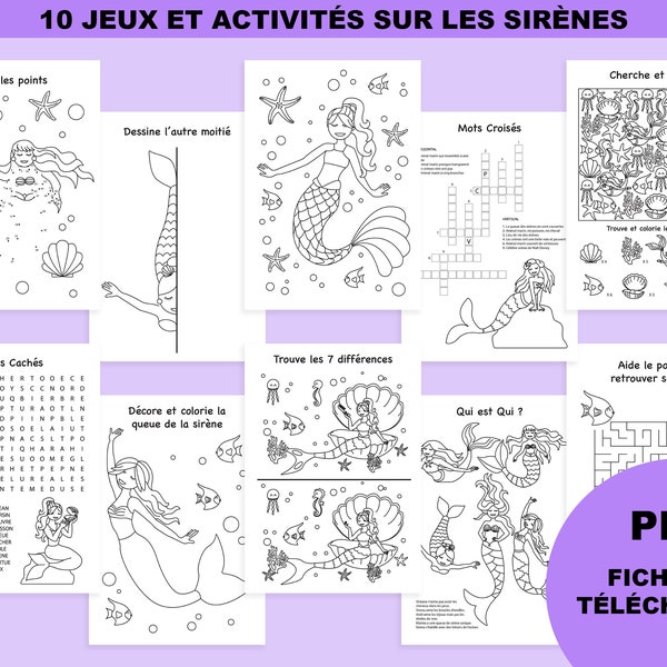 Anniversaire sirène, activité enfant imprimable, coloriage petite sirène, jeux à imprimer, jeux anniversaire, téléchargement français PDF