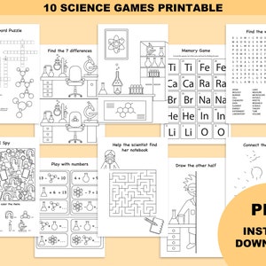 Peut inclure: Un ensemble de 10 jeux scientifiques imprimables pour enfants. Les jeux comprennent un mot croisé, trouver les différences, un jeu de mémoire, une recherche de mots, je vois, jouer avec des nombres, un labyrinthe, relier les points et dessiner l'autre moitié. Les jeux sont en noir et blanc et présentent des images liées aux sciences comme des béchers, des tubes à essai, des microscopes et des atomes.