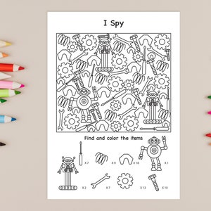 Puede incluir: Un juego de b&uacute;squeda de im&aacute;genes imprimible en blanco y negro con un robot, engranajes, tornillos y llaves. El juego le pide al jugador que encuentre y coloree los objetos.