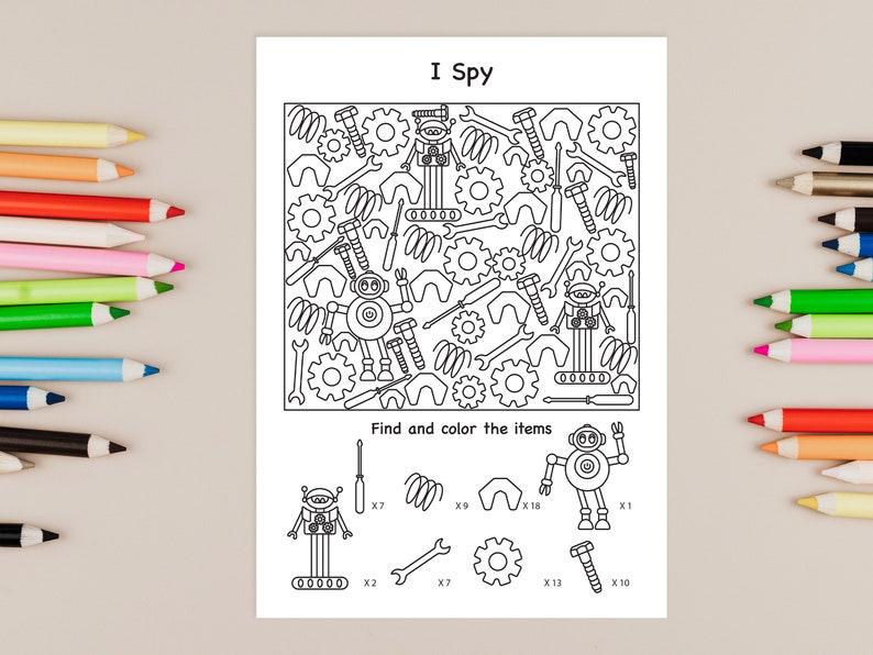Puede incluir: Un juego de b&uacute;squeda de im&aacute;genes imprimible en blanco y negro con un robot, engranajes, tornillos y llaves. El juego le pide al jugador que encuentre y coloree los objetos.